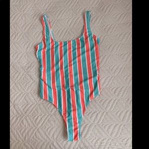 Teal and pink stripped one piece bathing suit Size 10